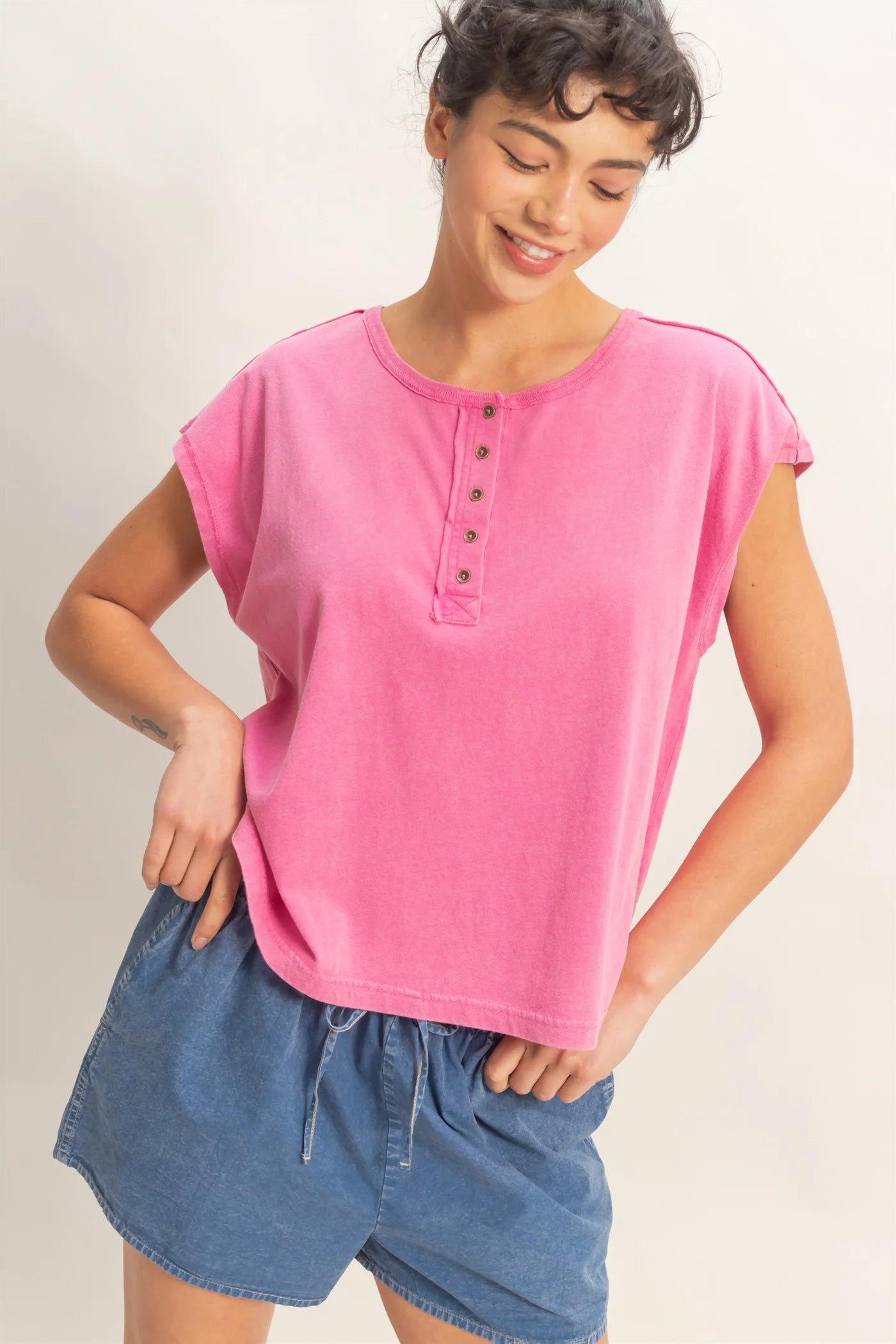 Henley Cap Sleeve Tops